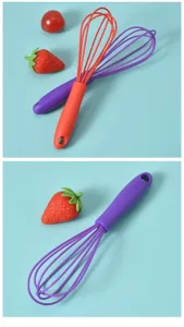 Mini silicone manual egg whisk for kitchen baking, ergonomic plastic handle whisk tool.