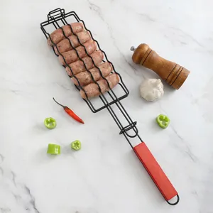 Iron BBQ Grilling Basket With Wooden Handle Multi-Functional Sausage Hot Dog Grill Net Clip For Outdoor Camping