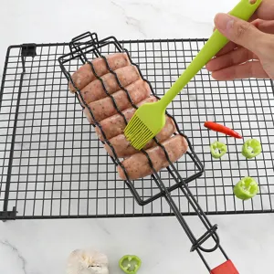 Iron BBQ grill basket for sausage camping outdoor portable cooking tool wire mesh rack.
