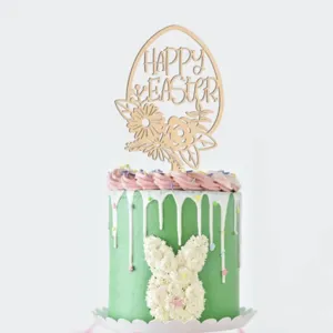 Hölzerner Osterkuchen-Topper mit Ei, Blume und glücklichem Ostertext für Party