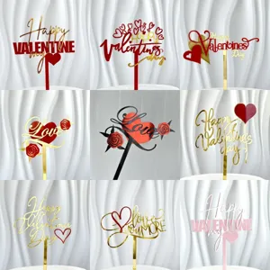 Red Gold Double Layer Acrylic Heart Cake Topper Happy Valentine's Day Love Rose Flower Cake Decoration For Wedding Party