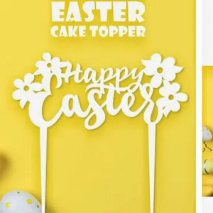 Weißer Acryl Happy Easter Kuchentopper mit Blumen Design für Osterparty Dekoration.