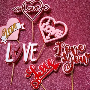 Valentine cake topper set love glitter paper dessert insertion cards for party decoration