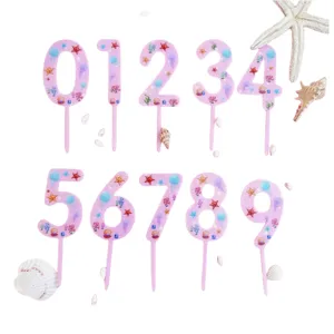 Pink Ocean Theme Acrylic Number Cake Toppers Shell Starfish Jellyfish Mermaid Scale Birthday Party Cake Decorations