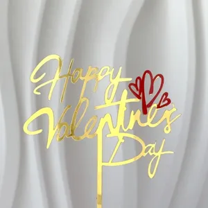 Gold acrylic Happy Valentine's Day cake topper with red hearts for romantic party dessert decor