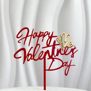 Red and gold acrylic Happy Valentine's Day cake topper with double hearts for romantic parties.