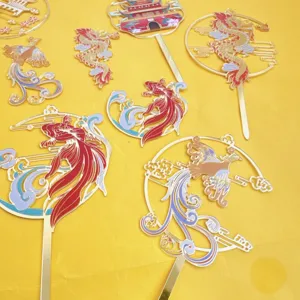 Chinese style acrylic cake topper set featuring traditional dragon phoenix and koi designs for celebrations.
