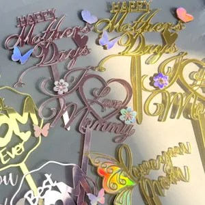 Acryl Happy Mother's Day Taarttopper Irillerende Vlinder Best Mom Ever Decoratie Goud Roségoud Spiegel Feestartikelen
