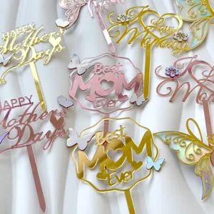 Acryl Moederdag taarttopper holografische vlinder decoratie goud roze feestartikelen.