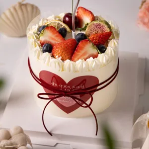 Valentine's day cake decoration set with red heart collar ribbon and fresh fruit cake topper.
