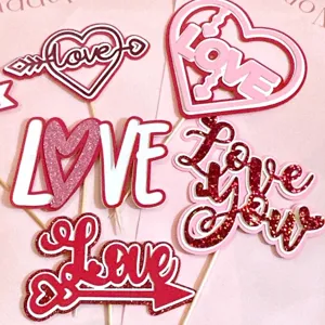 Valentine's Day cake toppers pink red love heart paper cake inserts for party decor.