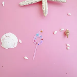 Pink acrylic number 6 cake topper with ocean shell details, detailed view for party decoration.