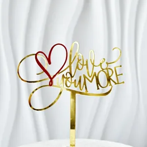 Gold red acrylic love you more cake topper, perfect for Valentine Day party dessert decor.