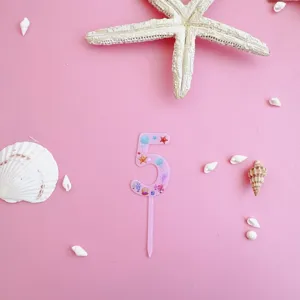 Pink acrylic number 5 cake topper ocean shell starfish theme for birthday party decor