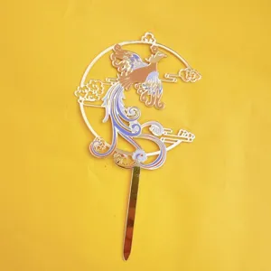Chinese style phoenix acrylic cake topper, golden color printed party dessert decoration.