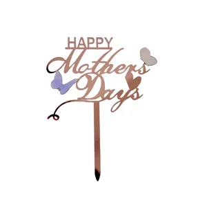 Roségoud acryl Happy Mother's Day taarttopper met vlinder voor moederdag feest decor.