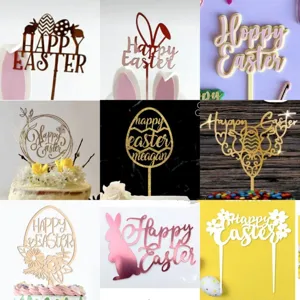 Acryl Happy Easter Kuchendekoration Ostern Hase Ei Blume Hohl Spiegel Gold Roségold Holz Kuchenstecker Osterparty Deko Bedarf