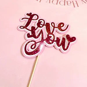 Pink glitter Love You cake topper for Valentine's Day party decorations and dessert styling