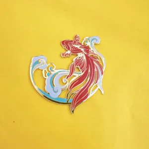 Chinese style red koi fish acrylic cake topper with blue wave details, fine gold trim.