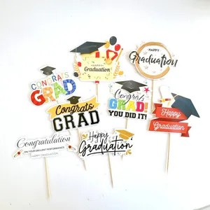 Graduation cake toppers set, paper graduation party decorations with wooden sticks for grad party.