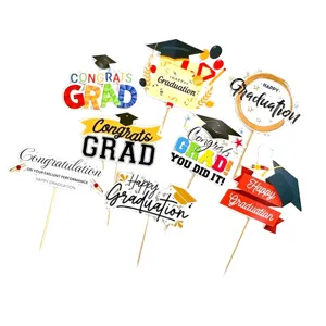 Graduation cake toppers set, colorful paper graduation party decorations with wooden sticks.