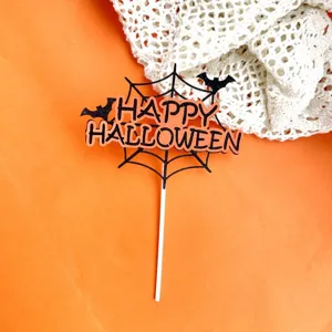 Halloween cake topper acrylic black web bats orange happy halloween party decoration 1pc