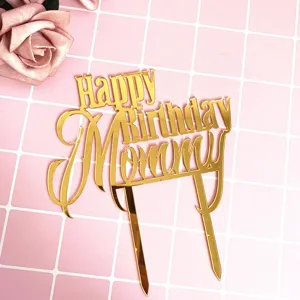 Gold acrylic Happy Birthday Mommy cake topper detail, perfect for mother's birthday party decor.