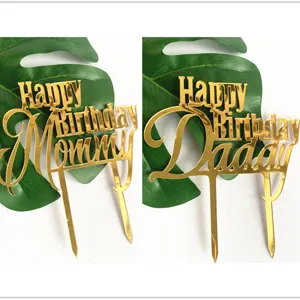 Acrylic Cake Topper Happy Birthday Mommy Daddy Lettering Gold Mirror Cake Decoration For Mother Father Birthday Party