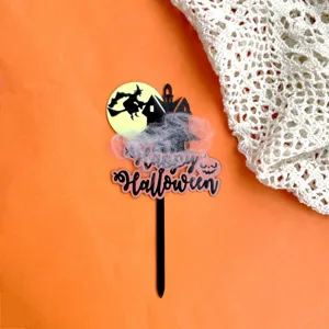 Halloween cake topper acrylic witch haunted house party decoration spooky black cake insert