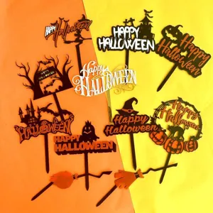 Halloween acrylic cake topper set, black and orange party decorations with castle and pumpkin.