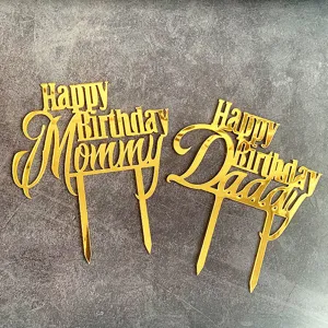 Gold acrylic Happy Birthday Mommy and Daddy cake topper set, detailed view for party.