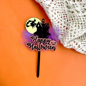 Halloween cake topper acrylic witch haunted house party decoration spooky cupcake insert 1pc