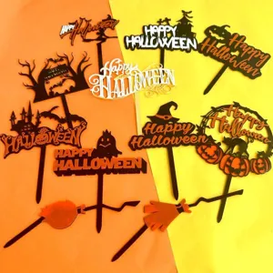 Halloween acrylic cake topper set featuring castle, bat, and pumpkin designs for party decor.