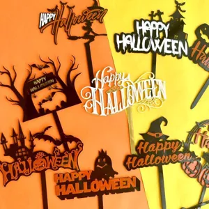 Acrylic Halloween Cake Topper Double Layer Castle Bat Witch Pumpkin Silhouette Design For Party Cake Decoration Supplies