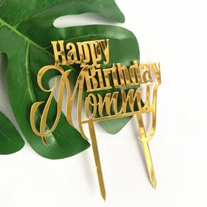 Gold acrylic Happy Birthday Mommy cake topper detail view, perfect for party decoration.