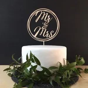 Wooden Mr Mrs cake topper detail, wedding dessert table decoration insert, rustic style.
