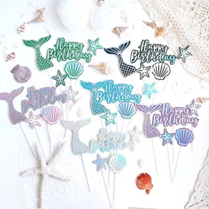 Mermaid birthday cake topper set with seashell and starfish for ocean party decor