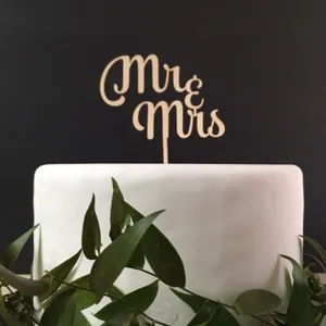 Wooden Mr and Mrs cake topper detail, elegant wedding dessert table decoration prop.
