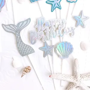 Mermaid birthday cake topper set with glitter shell starfish fish tail for party decor.