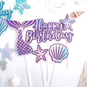 Mermaid birthday cake topper set with glitter seashell starfish for party decoration