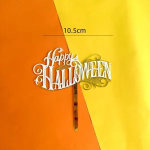 Halloween acrylic cake topper with Happy Halloween text and bat design, gold and white.