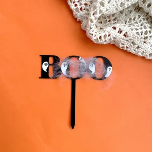Halloween acrylic cake topper with BOO ghost pattern, perfect for spooky party dessert decor.