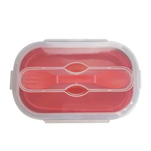 Opvouwbare siliconen lunchbox met lepel en vork, draagbare bento doos voor dagelijks gebruik.