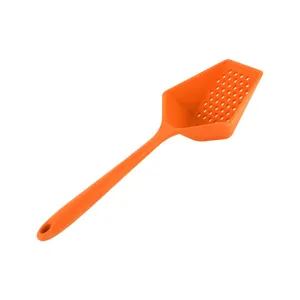 Durable orange silicone kitchen colander slotted spoon for draining oil and water easily.
