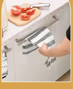 Stainless steel over cabinet door towel bar kitchen dish cloth hanger detail view