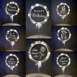 LED Fotizonto Akriliko Cake Topper Charoumena Genethlia Pantrepsou me Imera tou Agiou Valentinou Party Diakosmisi Tortas