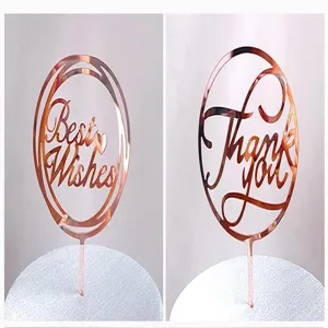 Rose gold acrylic cake topper with best wishes and thank you text for party decor.