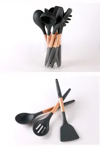Detailed view of silicone kitchen utensils set with wooden handles, heat resistant.