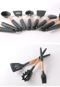 Silicone kitchen utensil set with wooden handles, heat resistant cooking tools detail view.