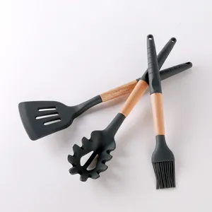 Silicone kitchen utensils set with wooden handles, non-stick cooking tools, 3pcs.